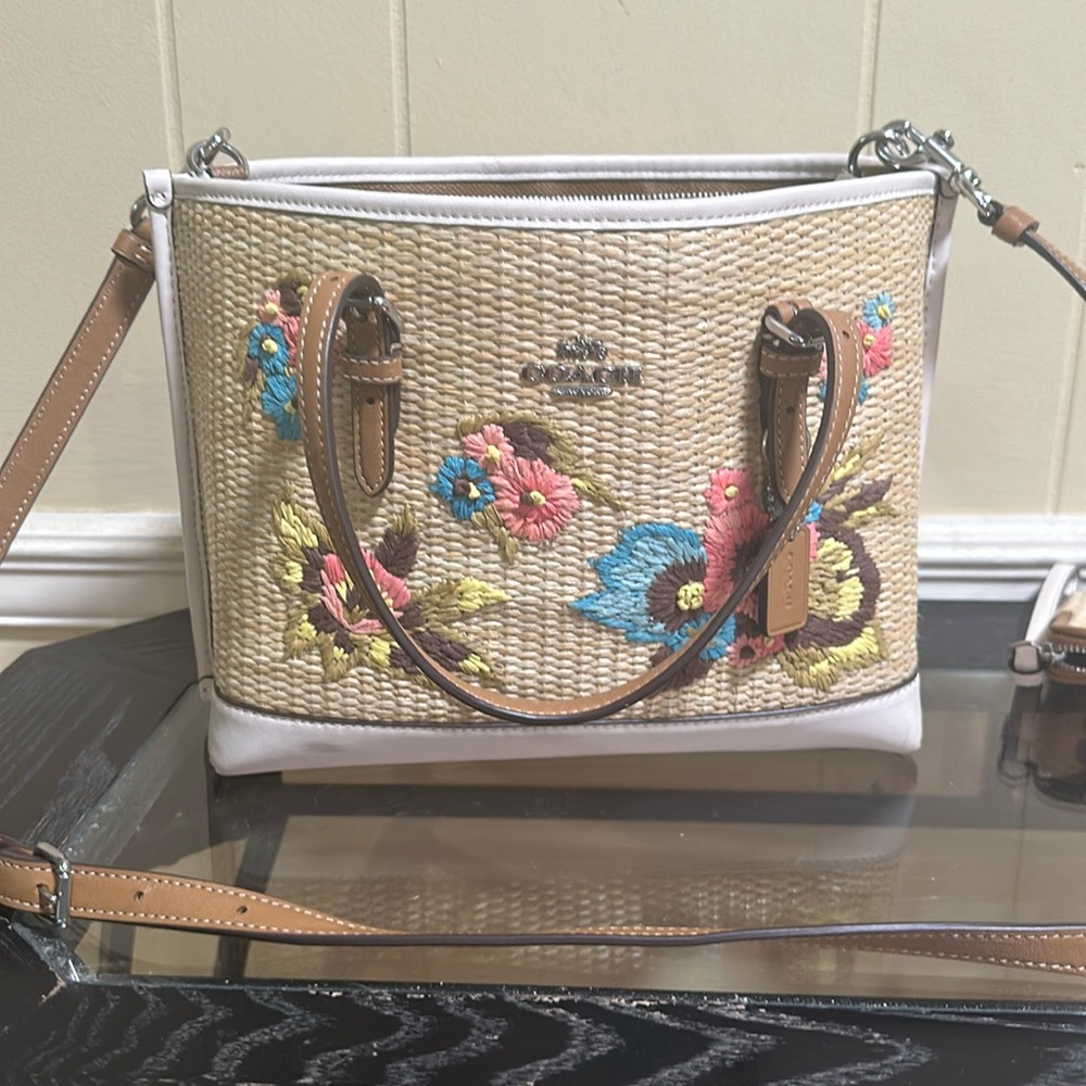 Coach straw floral embroidery purse and wristlet